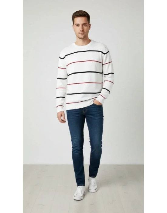 Erkek Bisiklet Yaka Cizgili Triko Kazak Yumuşak Dokulu Pamuklu Ince Dokuma, Uzun Kollu Rahat Regular Kalıp  Beyaz