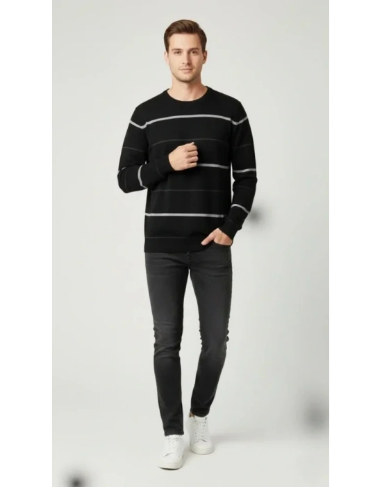 Erkek Bisiklet Yaka Cizgili Triko Kazak Yumuşak Dokulu Pamuklu Ince Dokuma, Uzun Kollu Rahat Regular Kalıp  Siyah