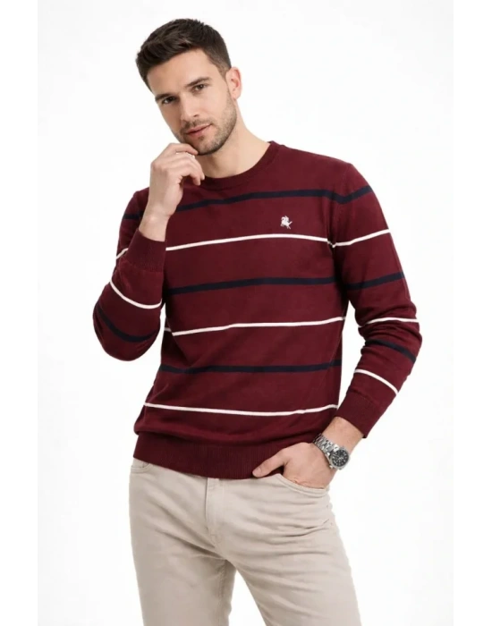 Erkek Bisiklet Yaka Cizgili Triko Kazak Yumuşak Dokulu Pamuklu Ince Dokuma, Uzun Kollu Rahat Regular Kalıp  Bordo