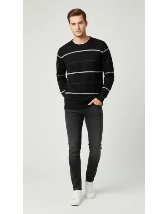 Erkek Bisiklet Yaka Cizgili Triko Kazak Yumuşak Dokulu Pamuklu Ince Dokuma, Uzun Kollu Rahat Regular Kalıp  Siyah