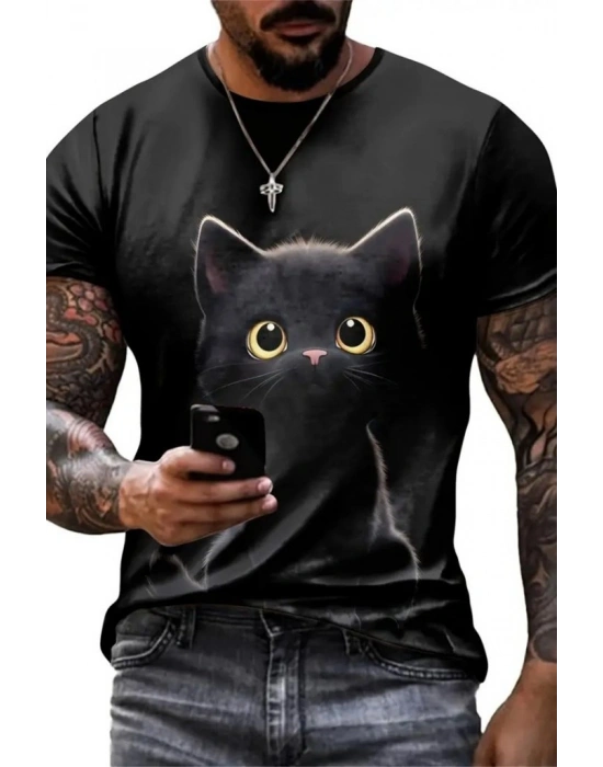 Erkek Bisiklet Yaka Kedi Baskılı Süprem Tshirt