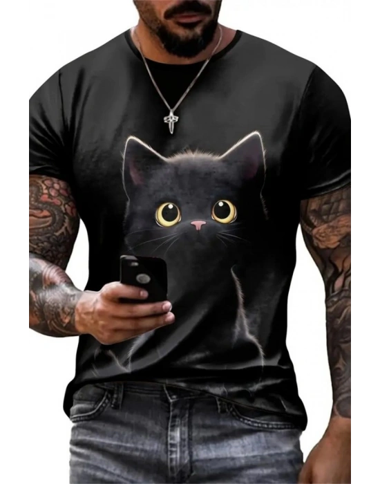 Erkek Bisiklet Yaka Kedi Baskılı Süprem Tshirt