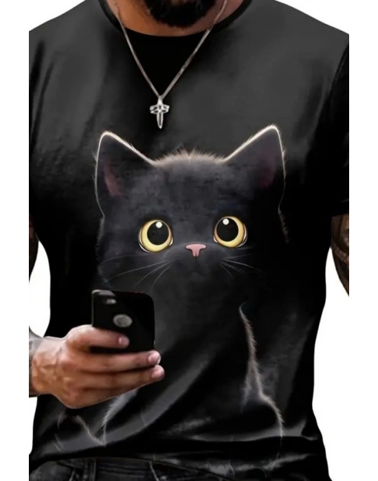 Erkek Bisiklet Yaka Kedi Baskılı Süprem Tshirt