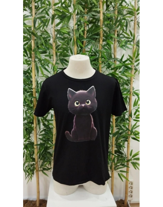 Erkek Bisiklet Yaka Kedi Baskılı Süprem Tshirt