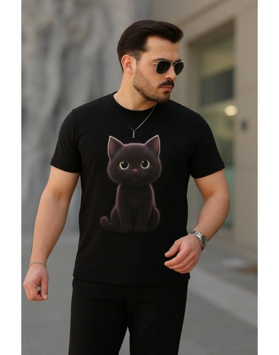Erkek Bisiklet Yaka Kedi Baskılı Süprem Tshirt