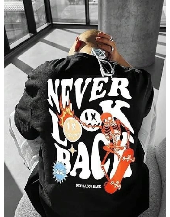 Erkek Bisiklet Yaka Kısa Kol Baskılı Tshirt  iyah