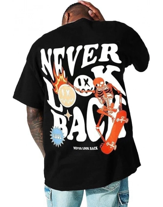 Erkek Bisiklet Yaka Kısa Kol Baskılı Tshirt  iyah