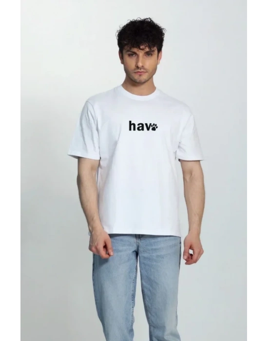 Erkek Bisiklet Yaka Kısa Kol Hav Baskılı Tshirt  Beyaz