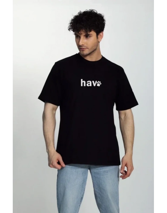 Erkek Bisiklet Yaka Kısa Kol Hav Baskılı Tshirt  iyah