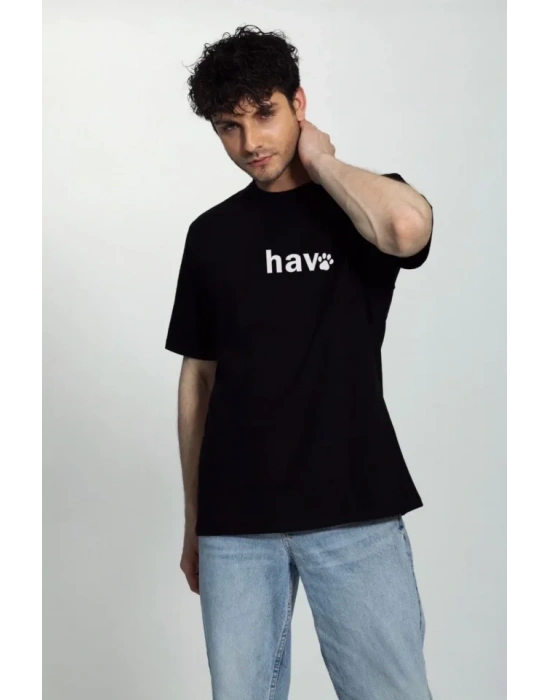 Erkek Bisiklet Yaka Kısa Kol Hav Baskılı Tshirt  iyah