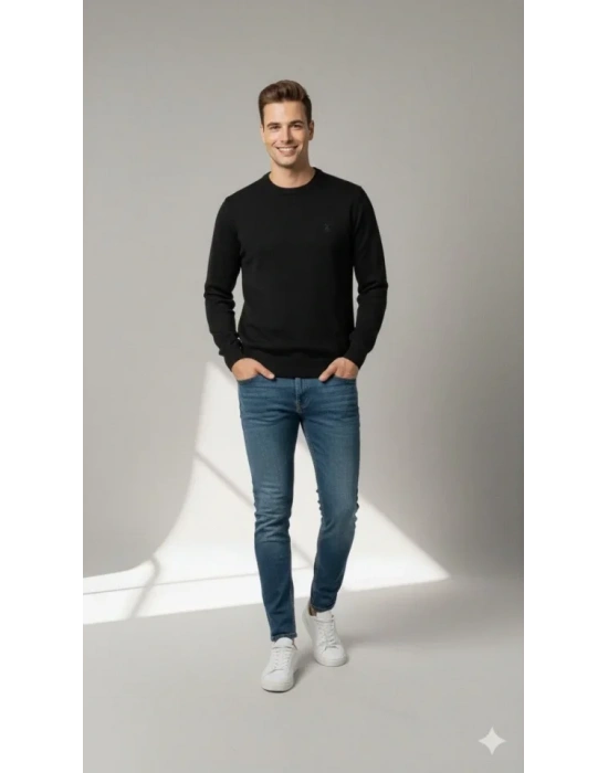 Erkek Bisiklet Yaka Nakış Işlemeli Triko Kazak Yumuşak Dokulu Pamuklu Ince Dokuma, Uzun Kollu Rahat Regular Kalıp  Siyah