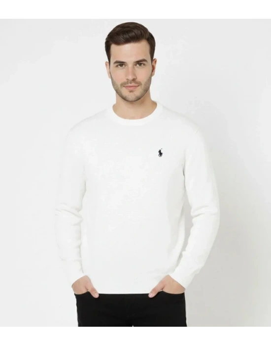 Erkek Bisiklet Yaka Nakış Işlemeli Triko Kazak Yumuşak Dokulu Pamuklu Ince Dokuma, Uzun Kollu Rahat Regular Kalıp  Beyaz