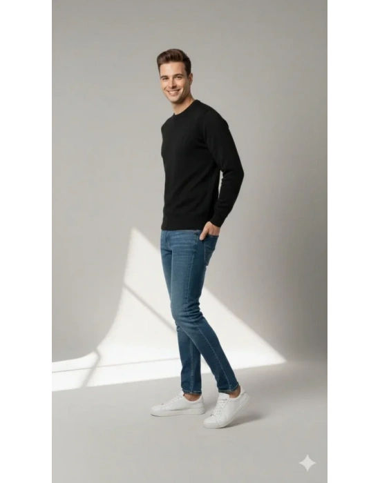 Erkek Bisiklet Yaka Nakış Işlemeli Triko Kazak Yumuşak Dokulu Pamuklu Ince Dokuma, Uzun Kollu Rahat Regular Kalıp  Siyah