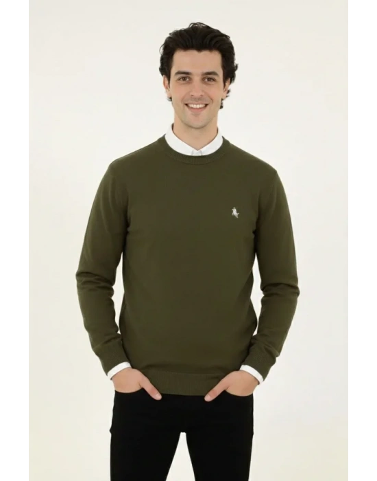 Erkek Bisiklet Yaka Nakış Işlemeli Triko Kazak Yumuşak Dokulu Pamuklu Ince Dokuma, Uzun Kollu Rahat Regular Kalıp  Haki