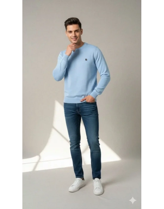 Erkek Bisiklet Yaka Nakış Işlemeli Triko Kazak Yumuşak Dokulu Pamuklu Ince Dokuma, Uzun Kollu Rahat Regular Kalıp  Mavi