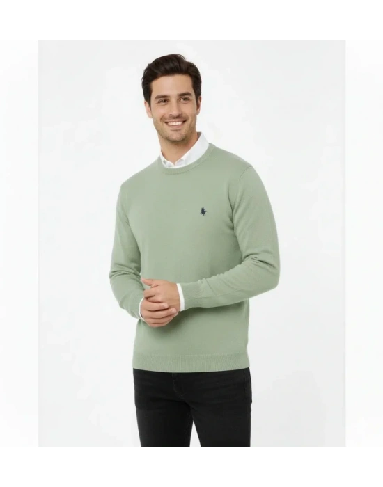 Erkek Bisiklet Yaka Nakış Işlemeli Triko Kazak Yumuşak Dokulu Pamuklu Ince Dokuma, Uzun Kollu Rahat Regular Kalıp  Mint Yeşili