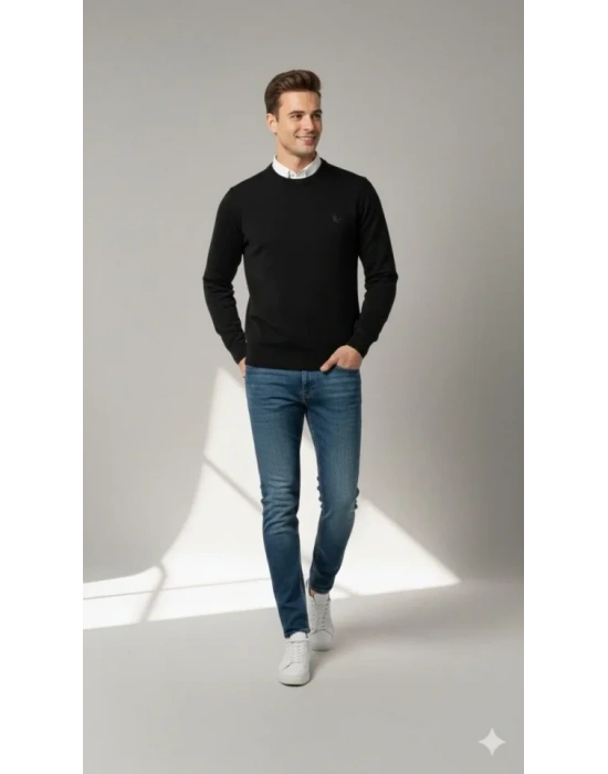 Erkek Bisiklet Yaka Nakış Işlemeli Triko Kazak Yumuşak Dokulu Pamuklu Ince Dokuma, Uzun Kollu Rahat Regular Kalıp  Siyah