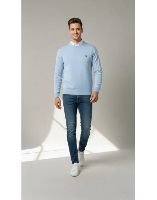 Erkek Bisiklet Yaka Nakış Işlemeli Triko Kazak Yumuşak Dokulu Pamuklu Ince Dokuma, Uzun Kollu Rahat Regular Kalıp  Mavi