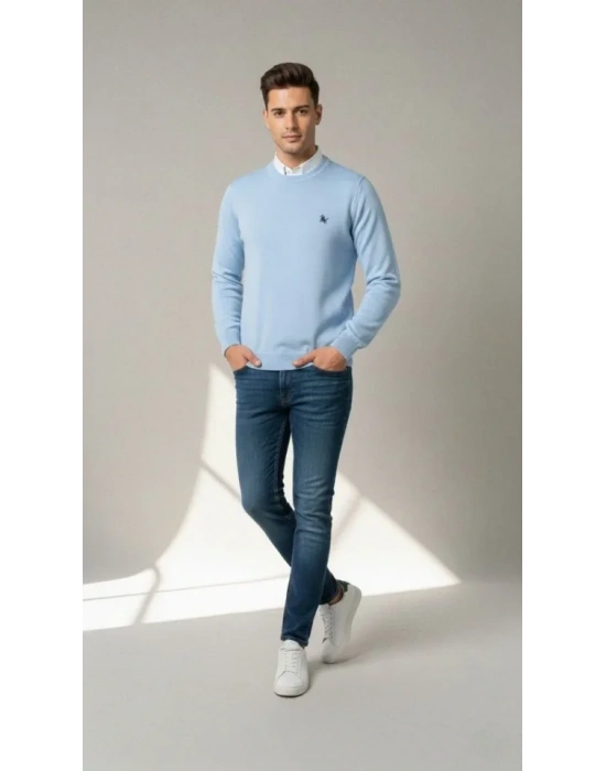 Erkek Bisiklet Yaka Nakış Işlemeli Triko Kazak Yumuşak Dokulu Pamuklu Ince Dokuma, Uzun Kollu Rahat Regular Kalıp  Mavi