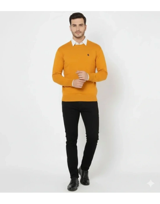 Erkek Bisiklet Yaka Nakış Işlemeli Triko Kazak Yumuşak Dokulu Pamuklu Ince Dokuma, Uzun Kollu Rahat Regular Kalıp  Turuncu