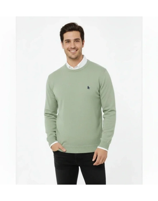 Erkek Bisiklet Yaka Nakış Işlemeli Triko Kazak Yumuşak Dokulu Pamuklu Ince Dokuma, Uzun Kollu Rahat Regular Kalıp  Mint Yeşili