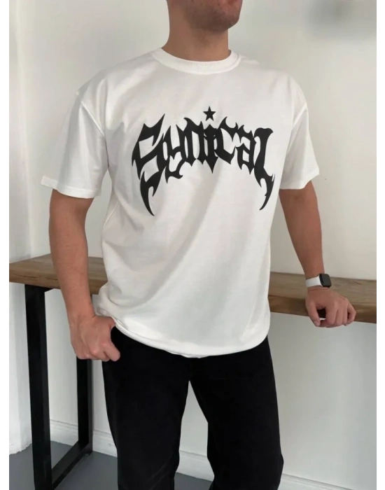 Erkek Bisiklet Yaka Ön Baskılı Kısa Kollu Tişört treetwear Günlük Basic Pamuklu Tshirt  Beyaz