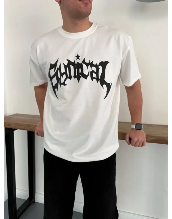 Erkek Bisiklet Yaka Ön Baskılı Kısa Kollu Tişört treetwear Günlük Basic Pamuklu Tshirt  Beyaz