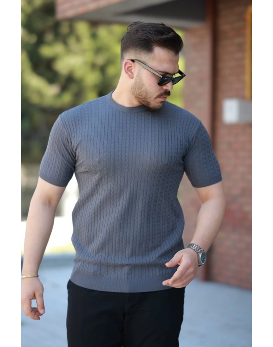 Erkek Bisiklet Yaka örgü Desenli Kısa örme Triko Kısa Kollu Tshirt