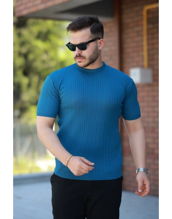 Erkek Bisiklet Yaka örgü Desenli Kısa örme Triko Kısa Kollu Tshirt