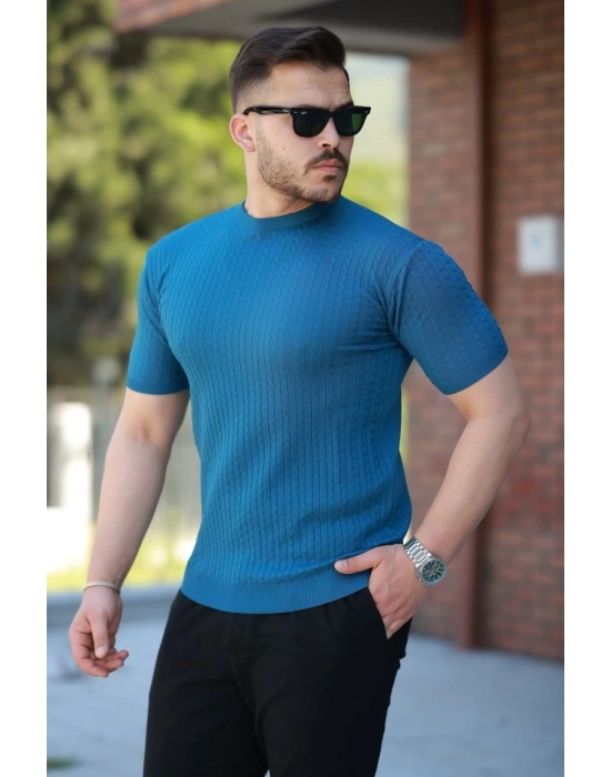 Erkek Bisiklet Yaka örgü Desenli Kısa örme Triko Kısa Kollu Tshirt