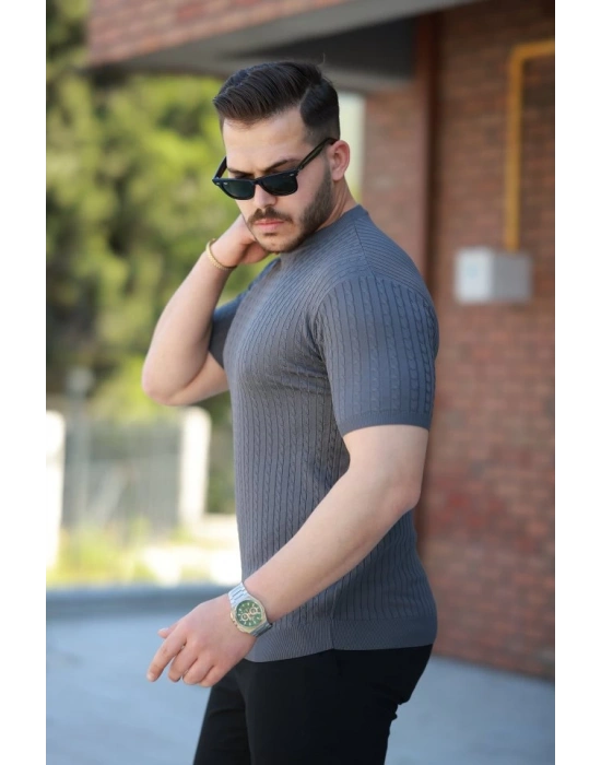 Erkek Bisiklet Yaka örgü Desenli Kısa örme Triko Kısa Kollu Tshirt