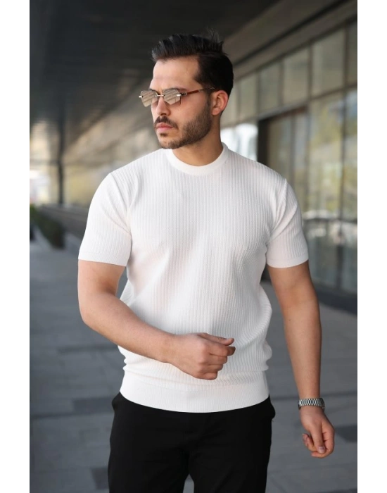 Erkek Bisiklet Yaka Petek Dokulu Kısa Kollu Triko Tişört