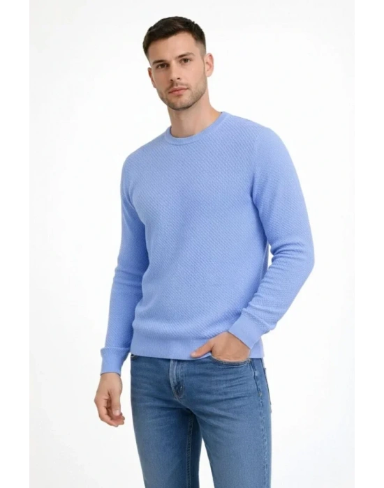 Erkek Bisiklet Yaka Petekli Dokulu Triko Kazak Pamuklu Ince Dokuma, Uzun Kollu Rahat Regular Kalıp  avi