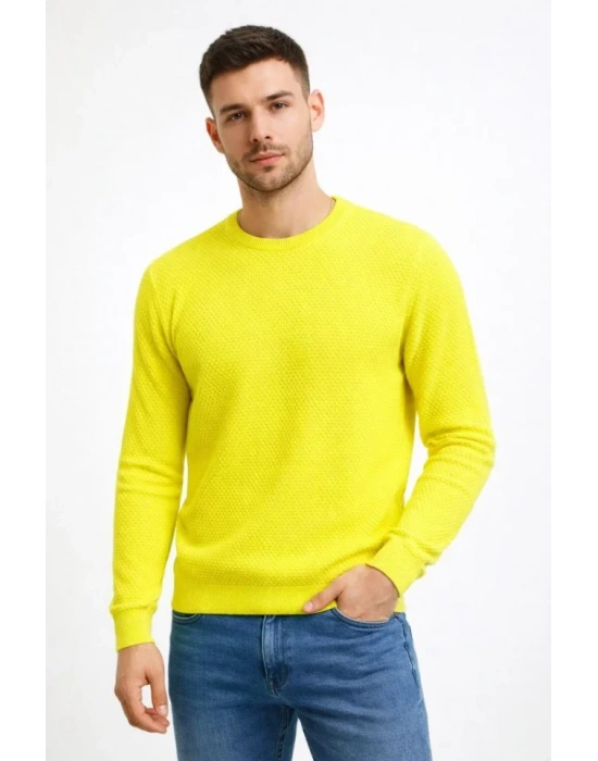 Erkek Bisiklet Yaka Petekli Dokulu Triko Kazak Pamuklu Ince Dokuma, Uzun Kollu Rahat Regular Kalıp  Sarı