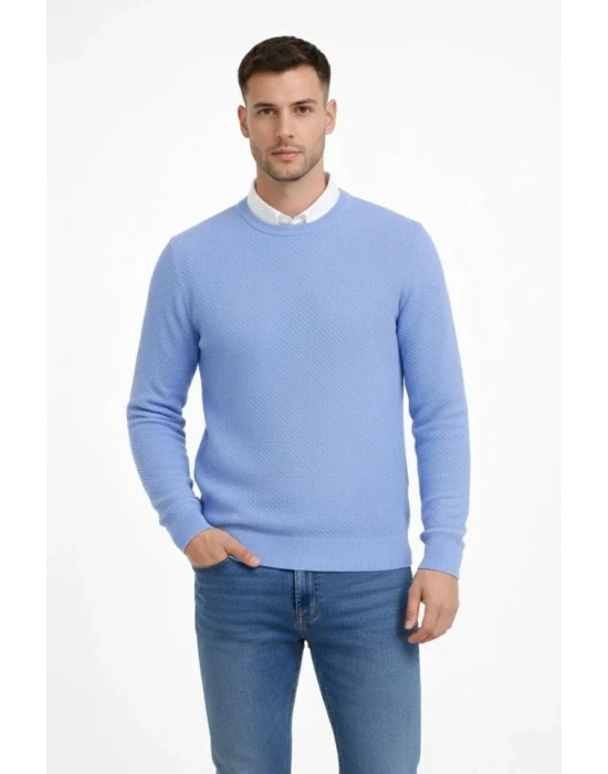 Erkek Bisiklet Yaka Petekli Dokulu Triko Kazak Pamuklu Ince Dokuma, Uzun Kollu Rahat Regular Kalıp  avi