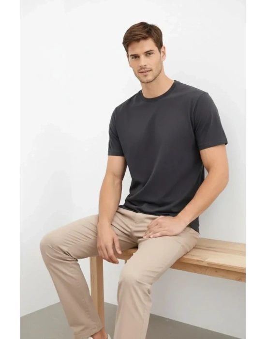 Erkek Bisiklet Yaka Tişört Regular Kalıp Basic Pamuklu Günlük Kullanım Tshirt  Füme