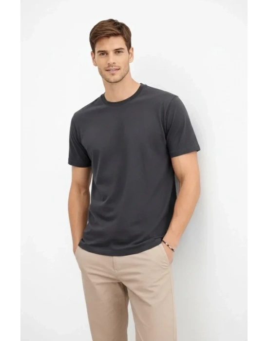 Erkek Bisiklet Yaka Tişört Regular Kalıp Basic Pamuklu Günlük Kullanım Tshirt  Füme