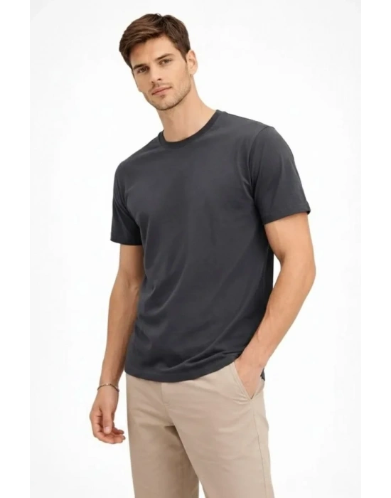 Erkek Bisiklet Yaka Tişört Regular Kalıp Basic Pamuklu Günlük Kullanım Tshirt  Füme