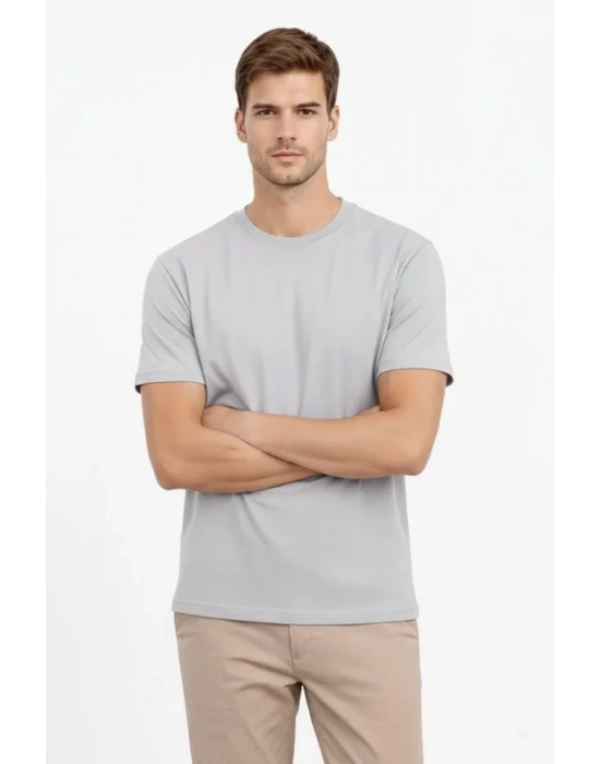 Erkek Bisiklet Yaka Tişört Regular Kalıp Basic Pamuklu Günlük Kullanım Tshirt  Gri