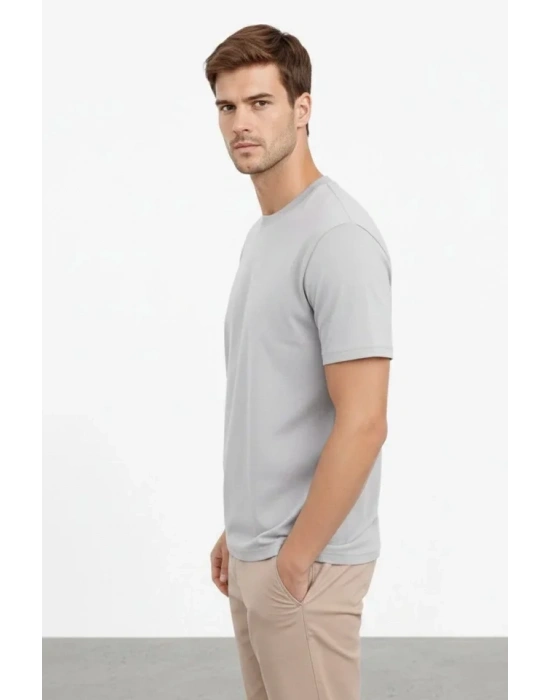 Erkek Bisiklet Yaka Tişört Regular Kalıp Basic Pamuklu Günlük Kullanım Tshirt  Gri