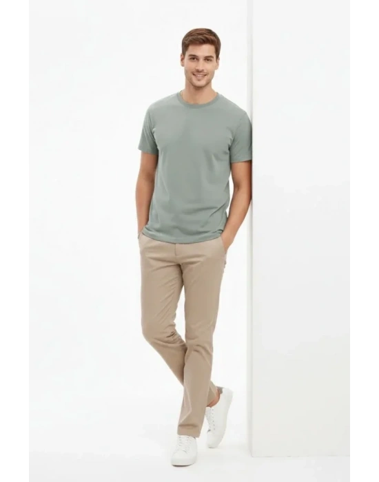 Erkek Bisiklet Yaka Tişört Regular Kalıp Basic Pamuklu Günlük Kullanım Tshirt  int Yeşili