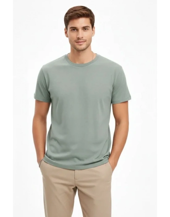 Erkek Bisiklet Yaka Tişört Regular Kalıp Basic Pamuklu Günlük Kullanım Tshirt  int Yeşili