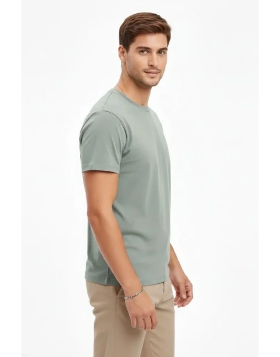 Erkek Bisiklet Yaka Tişört Regular Kalıp Basic Pamuklu Günlük Kullanım Tshirt  int Yeşili