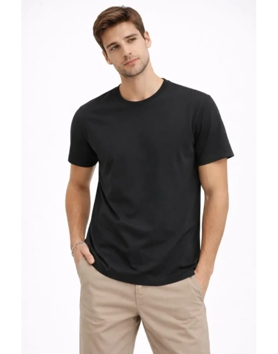 Erkek Bisiklet Yaka Tişört Regular Kalıp Basic Pamuklu Günlük Kullanım Tshirt  iyah