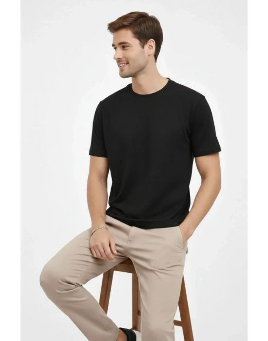 Erkek Bisiklet Yaka Tişört Regular Kalıp Basic Pamuklu Günlük Kullanım Tshirt  iyah