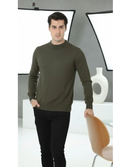 Erkek Bisiklet Yaka Triko Kazak Yumuşak Dokulu Pamuklu Ince Dokuma Uzun Kollu  Haki