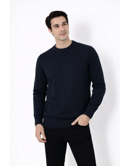 Erkek Bisiklet Yaka Triko Kazak Yumuşak Dokulu Pamuklu Ince Dokuma, Uzun Kollu Rahat Regular Kalıp  Lacivert