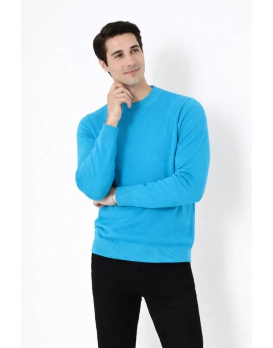 Erkek Bisiklet Yaka Triko Kazak Yumuşak Dokulu Pamuklu Ince Dokuma, Uzun Kollu Rahat Regular Kalıp  Mavi