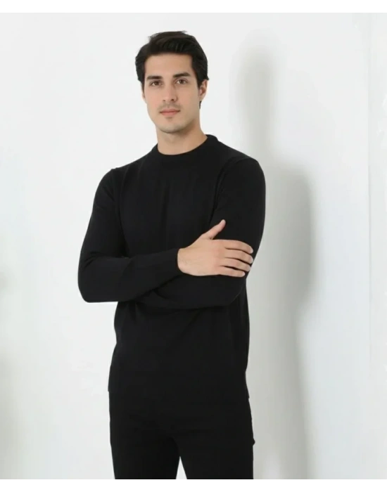 Erkek Bisiklet Yaka Triko Kazak Yumuşak Dokulu Pamuklu Ince Dokuma, Uzun Kollu Rahat Regular Kalıp  Siyah