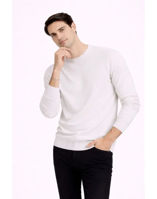 Erkek Bisiklet Yaka Triko Kazak Yumuşak Dokulu Pamuklu Ince Dokuma, Uzun Kollu Rahat Regular Kalıp  Beyaz